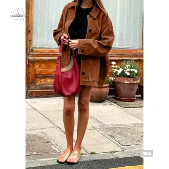 Faux Suede Leather Boyfriend Shacket Midi Long Button Down Casual Coat - Picture 3 of 6